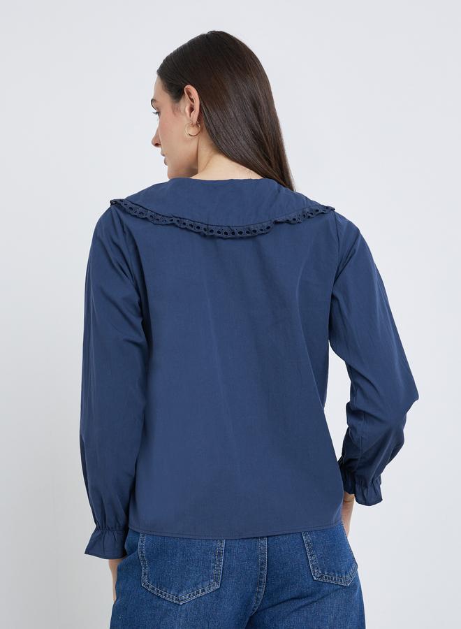 ستايلي بلوزة بأكمام طويلة مطرزة بتفاصيل دانتيل أزرق نيلي - Image 5