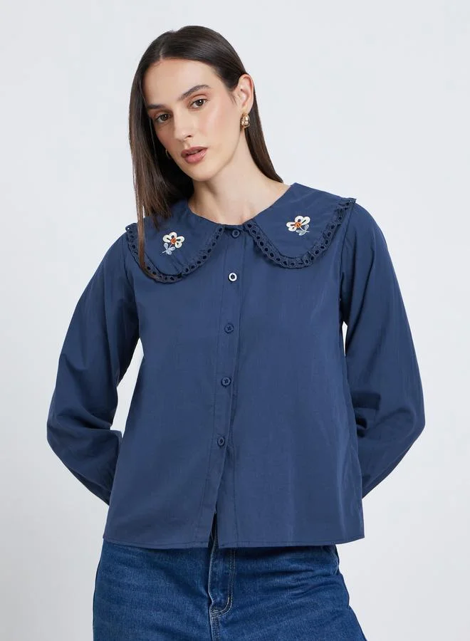 Styli Styli Navy Blue Lace Insert Embroidered Detail Long Sleeve Top