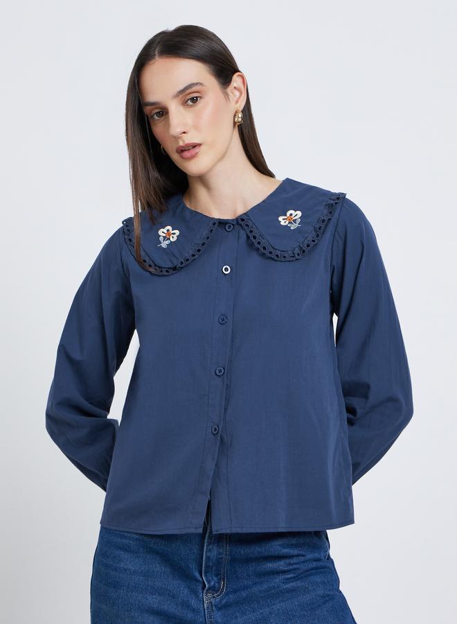 ستايلي بلوزة بأكمام طويلة مطرزة بتفاصيل دانتيل أزرق نيلي - Image 3