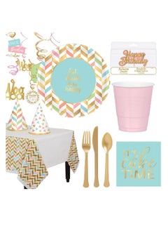 Amscan Eat Drink & Be Happy Premium Tableware Party Supplies, Includes Plates, Cups, Napkins, Swirl Decoration, Cutlery, Cone Hat, Tablecover and Birthday Candle for 8 Guests  - Image 1