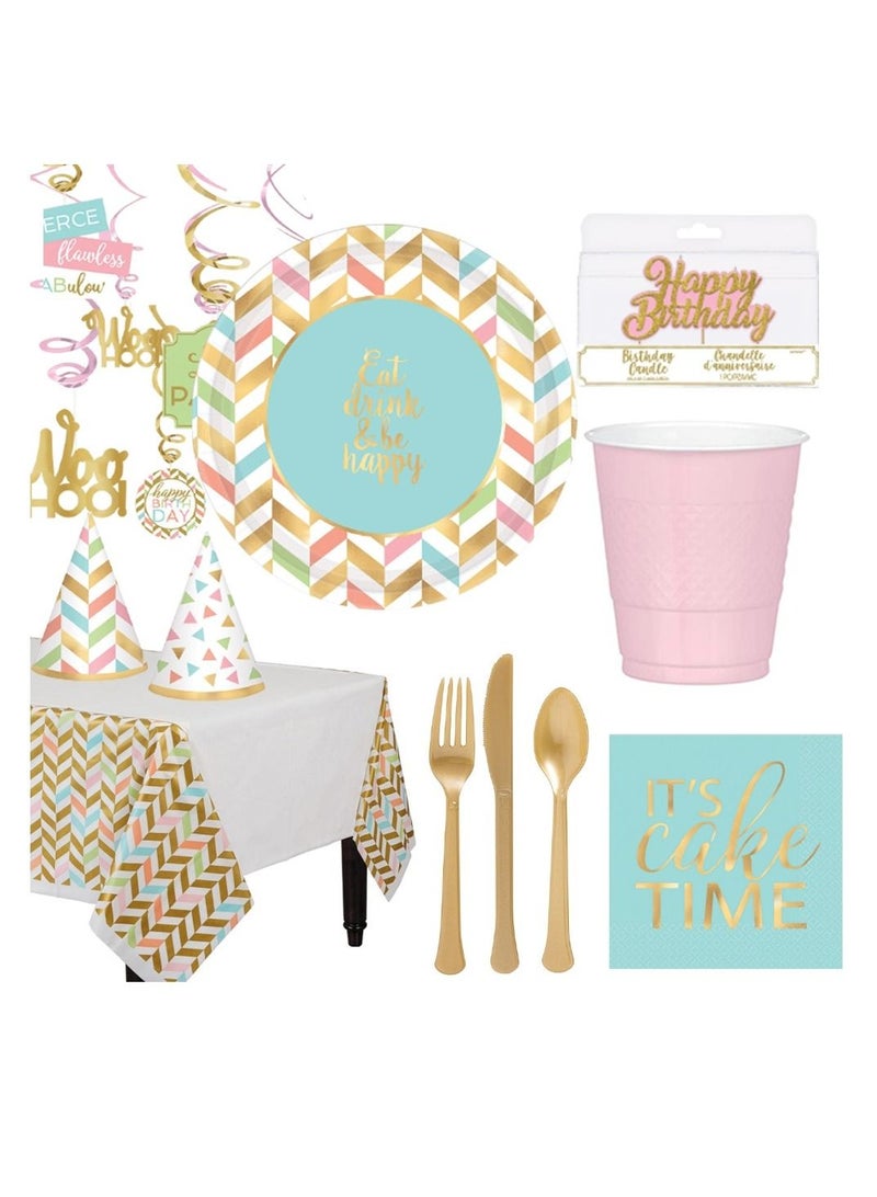 Amscan Eat Drink & Be Happy Premium Tableware Party Supplies, Includes Plates, Cups, Napkins, Swirl Decoration, Cutlery, Cone Hat, Tablecover and Birthday Candle for 8 Guests  - Image 1