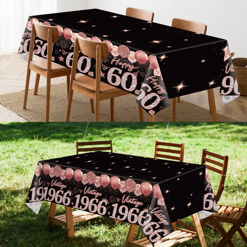 Uiorgui 2pcs 60th Birthday Tablecloth, Black Rose Gold 60th Birthday Decorations for Woman Vintage 1966 Table Cloth Plastic Rectangular Table Cover Happy 60 Anniversary Party Supplies - Image 5