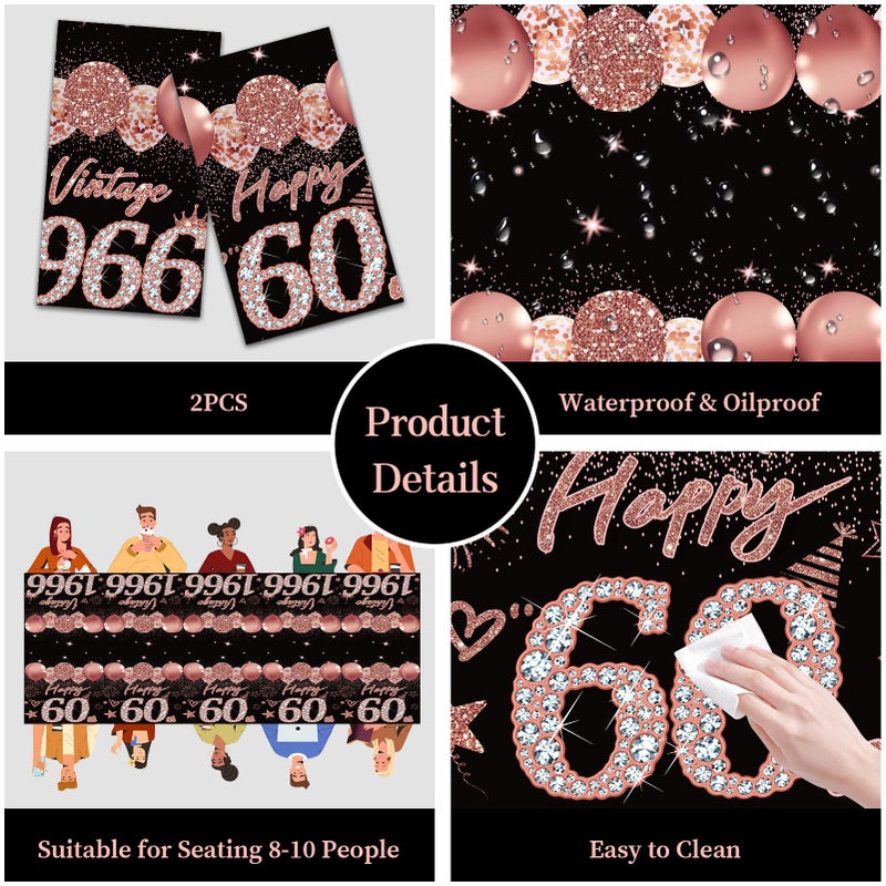 Uiorgui 2pcs 60th Birthday Tablecloth, Black Rose Gold 60th Birthday Decorations for Woman Vintage 1966 Table Cloth Plastic Rectangular Table Cover Happy 60 Anniversary Party Supplies - Image 3