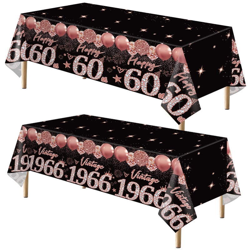 Uiorgui 2pcs 60th Birthday Tablecloth, Black Rose Gold 60th Birthday Decorations for Woman Vintage 1966 Table Cloth Plastic Rectangular Table Cover Happy 60 Anniversary Party Supplies - Image 1