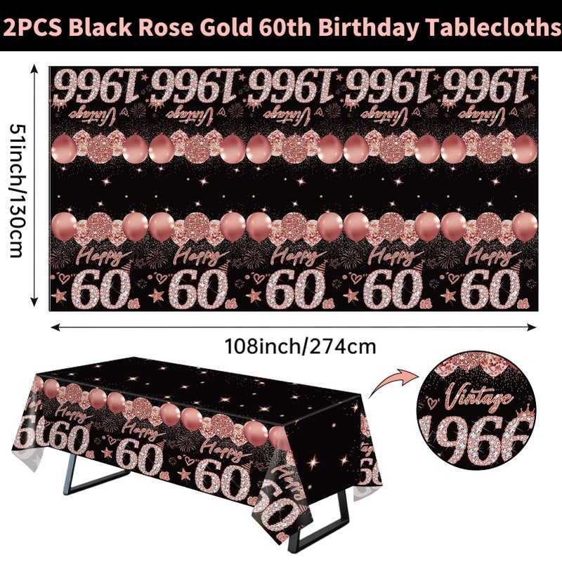 Uiorgui 2pcs 60th Birthday Tablecloth, Black Rose Gold 60th Birthday Decorations for Woman Vintage 1966 Table Cloth Plastic Rectangular Table Cover Happy 60 Anniversary Party Supplies - Image 2