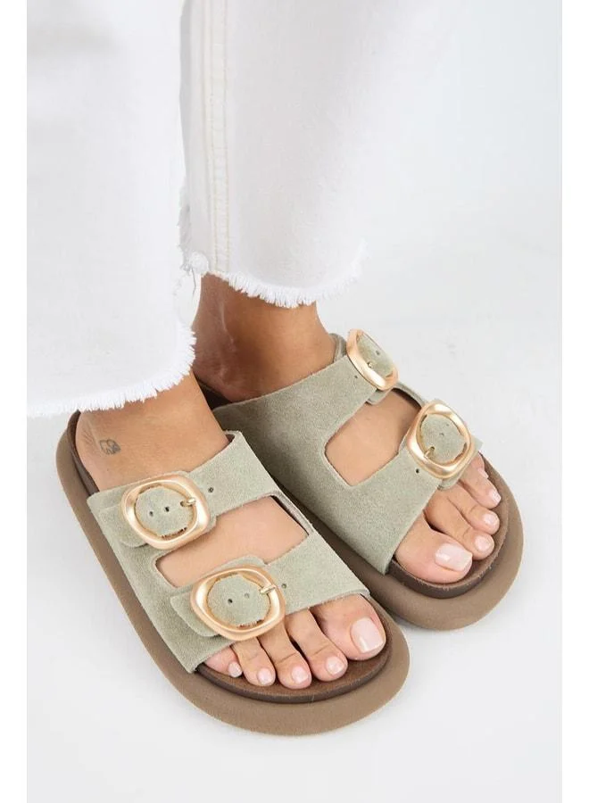 Narduhi Women's Genuine Leather Double Buckle Aqua Green Slipper.