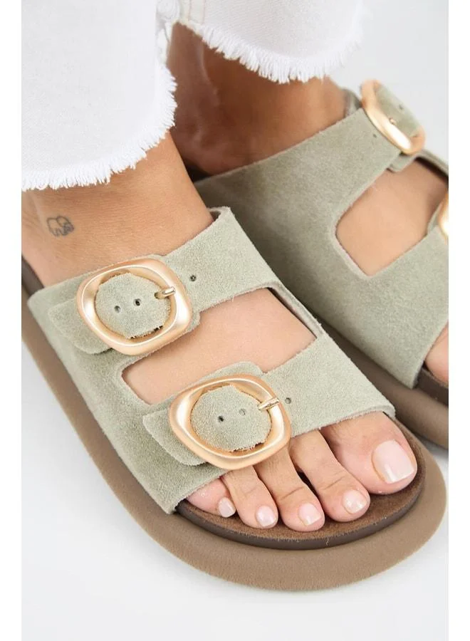 Manijero  Narduhi Women's Genuine Leather Double Buckle Aqua Green Slipper. for Women | Best Price UAE