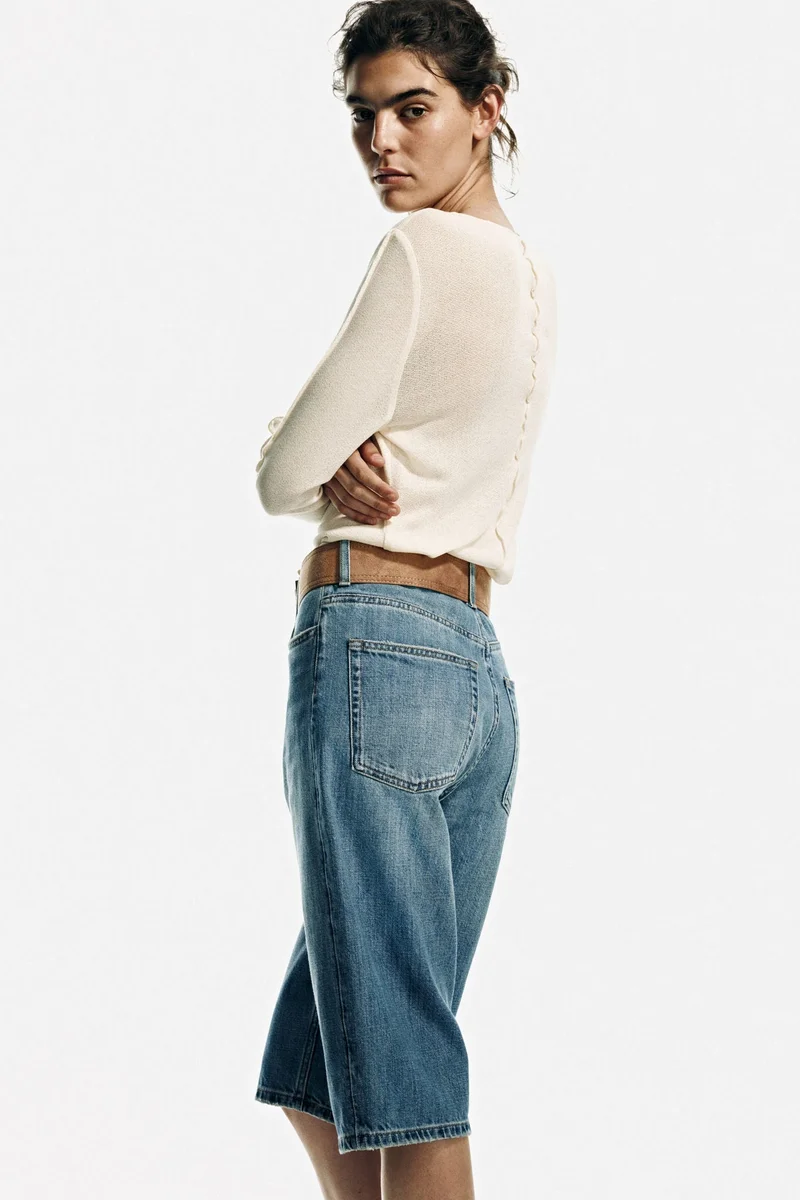 Belted denim Bermuda shorts