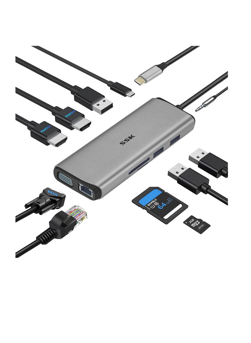 ماركة غير محددة - قاعدة توصيل لتحويل اللاب توب ل3 شاشات، موزع USB C 11 في 1 من SSK، محول متعدد المنافذ مزود ب2 HDMI، 4K، VGA، PD3.0 وقارئ بطاقات RJ45 SD/TF لماك بوك/ اير/ اي ماك/ برو/ XPS والمزيد من الاجهزة من نوع C - Image 1