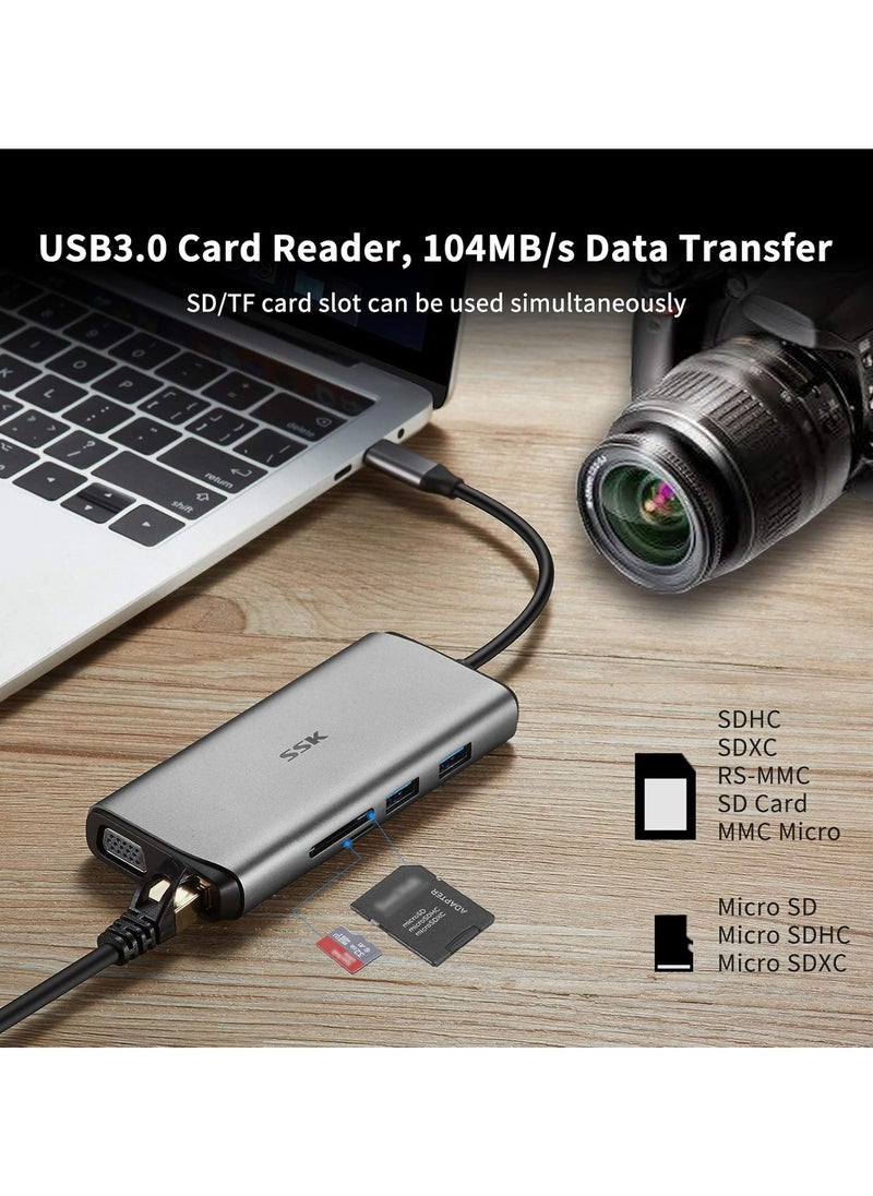 ماركة غير محددة - قاعدة توصيل لتحويل اللاب توب ل3 شاشات، موزع USB C 11 في 1 من SSK، محول متعدد المنافذ مزود ب2 HDMI، 4K، VGA، PD3.0 وقارئ بطاقات RJ45 SD/TF لماك بوك/ اير/ اي ماك/ برو/ XPS والمزيد من الاجهزة من نوع C - Image 1