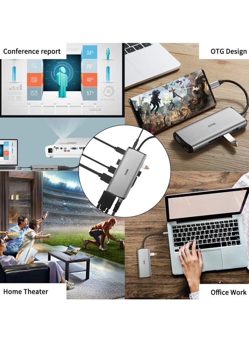 ماركة غير محددة - قاعدة توصيل لتحويل اللاب توب ل3 شاشات، موزع USB C 11 في 1 من SSK، محول متعدد المنافذ مزود ب2 HDMI، 4K، VGA، PD3.0 وقارئ بطاقات RJ45 SD/TF لماك بوك/ اير/ اي ماك/ برو/ XPS والمزيد من الاجهزة من نوع C - Image 1