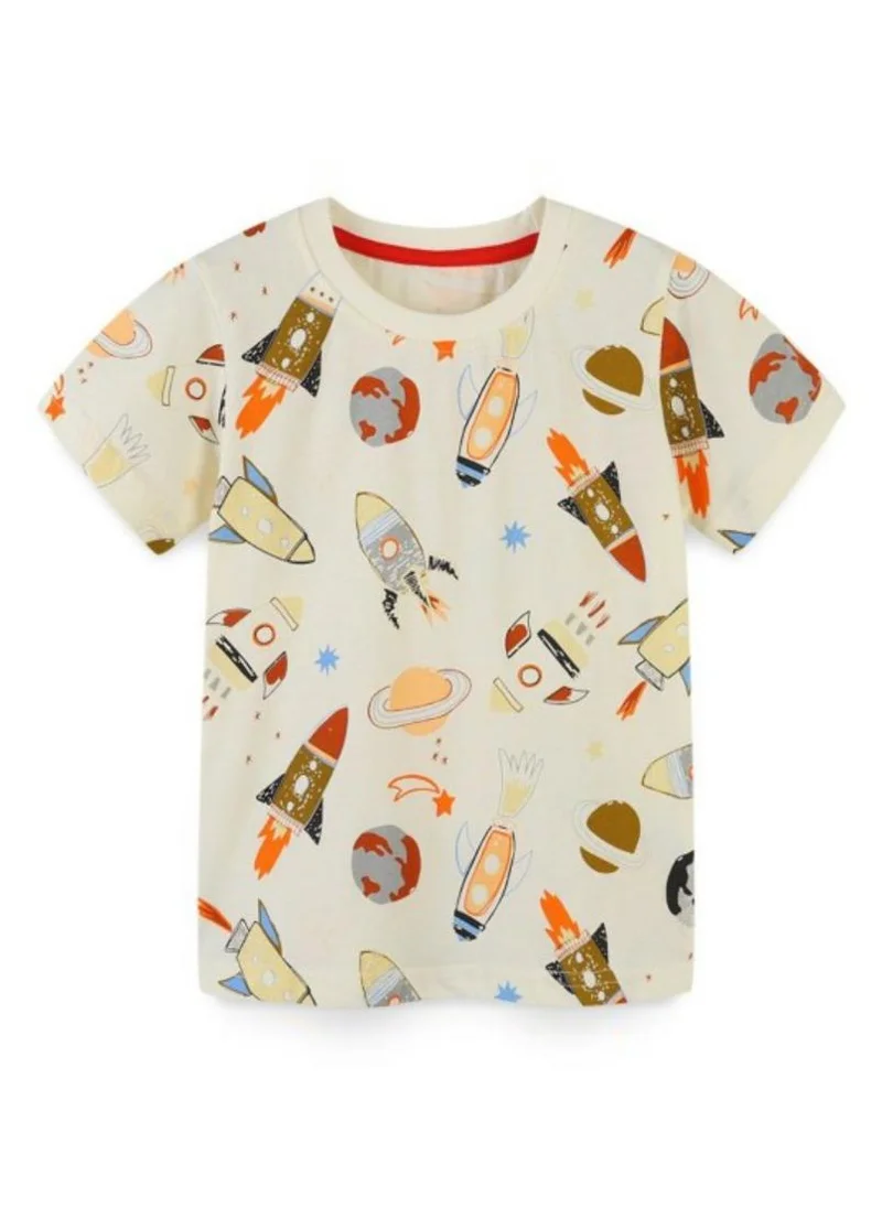 يونيكي Cream Conversational Printed Round Neck Cotton T-shirt