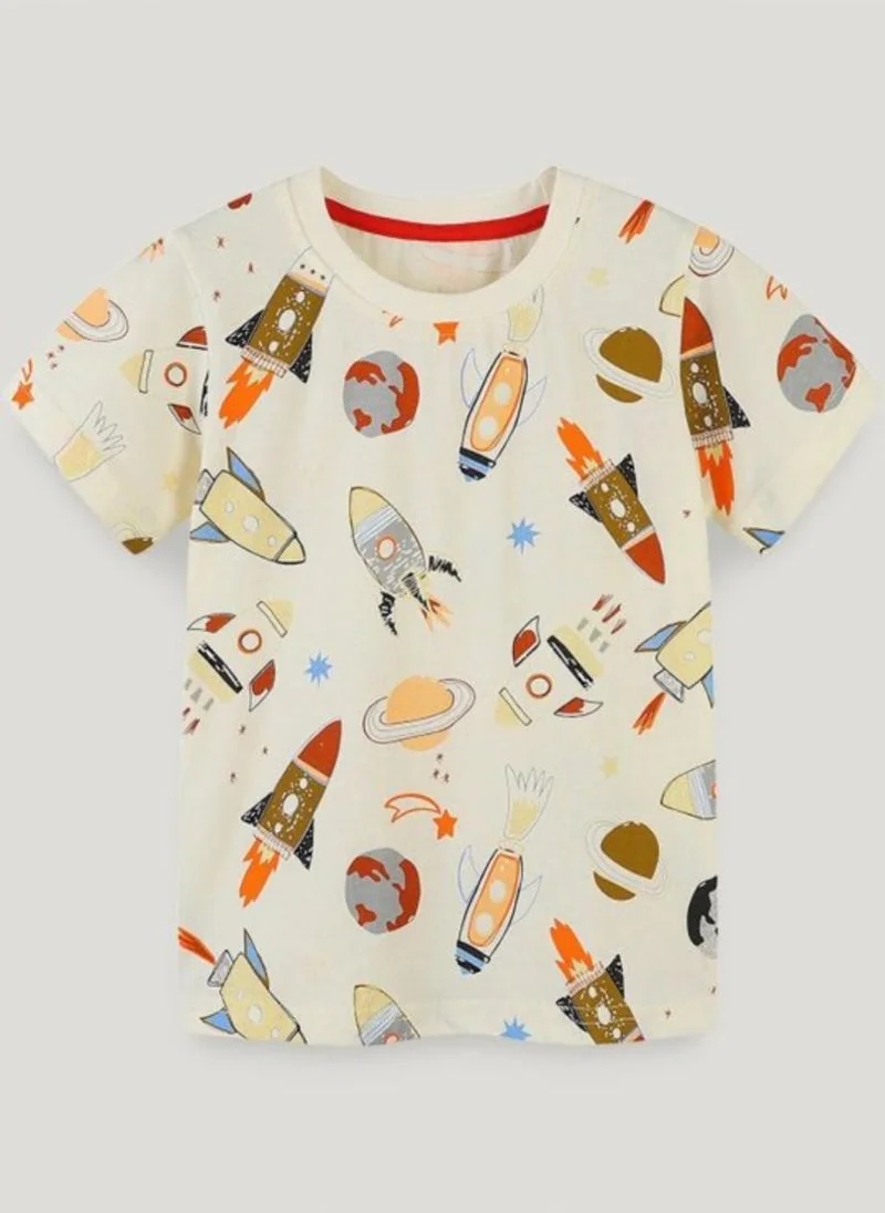 يونيكي Cream Conversational Printed Round Neck Cotton T-shirt