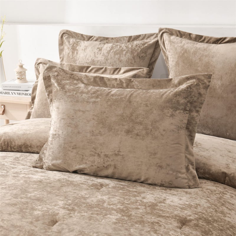 Fredsure Distressed Velvet Comforter Set, 5 Pieces Khaki King, Distressed Velvet Face and Brushed Microfiber Reverse - Image 4