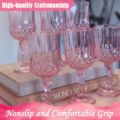 LEYIQU Plastic Wine Glasses，Plastic Goblets Vintage Style Cordial Drinking Glasses for Wedding Reception, Grand Event Party Supplies (12, Pink) - Image 3