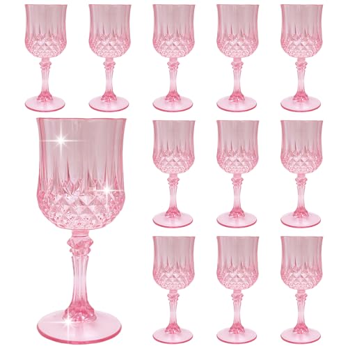 LEYIQU Plastic Wine Glasses，Plastic Goblets Vintage Style Cordial Drinking Glasses for Wedding Reception, Grand Event Party Supplies (12, Pink) - Image 1