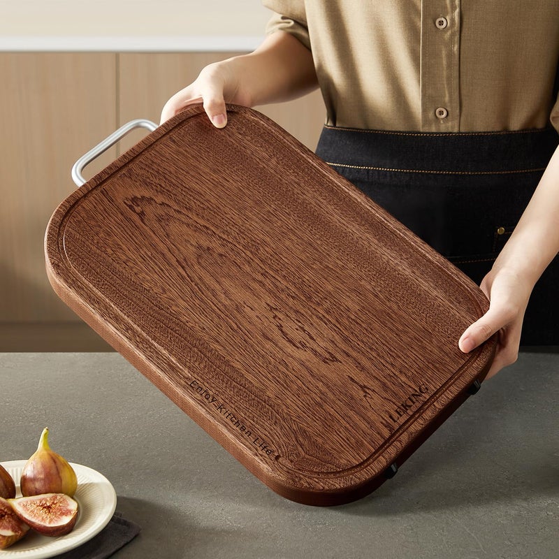 Leking Premium Solid Ebony Wood Cutting Board for Kitchen - 14.5"x9.5"x1" Double Sided Butcher Block, Thick Chopping Board with Juice Groove & Non-Slip Feet, Food Grade Serving Board for Meat Veggie - Image 4