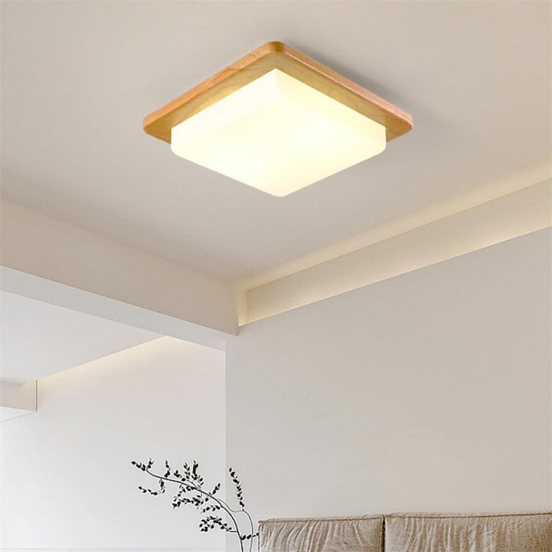 Nordic Style LED Ceiling Light Fixture - 18W Square Wood Flush Mount Lamp with 3 Color Temperatures for Bedroom, Dining Room, Hallway(Natural,32cm) - Image 2