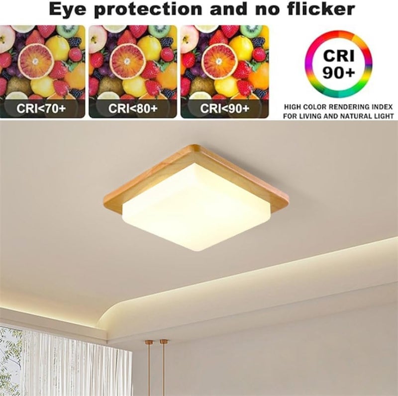 Nordic Style LED Ceiling Light Fixture - 18W Square Wood Flush Mount Lamp with 3 Color Temperatures for Bedroom, Dining Room, Hallway(Natural,32cm) - Image 3