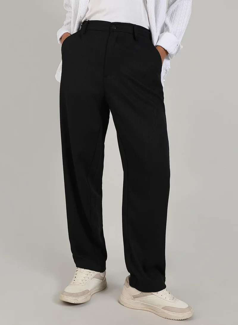 Campus Sutra Men's Onyx Black Tailored Heathered Trousers For Casual Wear | Tailored-Fit | Mid-Rise | Button Closure | Trousers Crafted With Comfort Fit For Everyday Wear