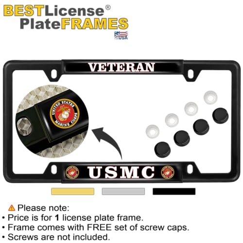 BestLicensePlateFrames [Officially Licensed US Marine Corps Product] - USMC Veteran - Domed Custom-Made Personalized Narrow (Thin) Top 4 Hole Metal Car License Plate Frame with Free caps - Black Frame (Qty: 1) - Image 2