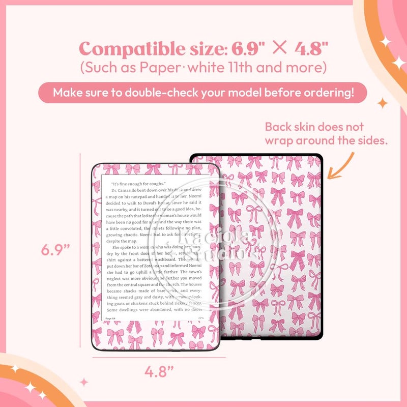 KACIOLA STUDIO 24PCS Pink Bow Skin for E-Reader, and 4PCS Type C Charms for E-Reader with Scrapbook Stickers, 6.9"x4.8" Skin Front and Back Decal Inserts for Paper White 11th (Pink Bow) - Image 5