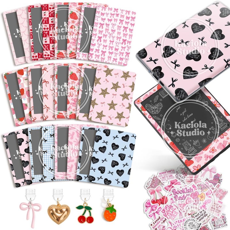 KACIOLA STUDIO 24PCS Pink Bow Skin for E-Reader, and 4PCS Type C Charms for E-Reader with Scrapbook Stickers, 6.9"x4.8" Skin Front and Back Decal Inserts for Paper White 11th (Pink Bow) - Image 1