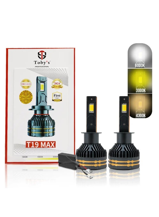 توبيز مصابيح أمامية LED H1 T19 Max الجديدة من Toby's بقوة 65 واط، بثلاثة ألوان متغيرة (أبيض ماسي 6000 كلفن، أصفر ذهبي 3000 كلفن، أبيض دافئ 4300 كلفن) للضوء العالي أو المنخفض أو الضباب (نسخة) - Image 1