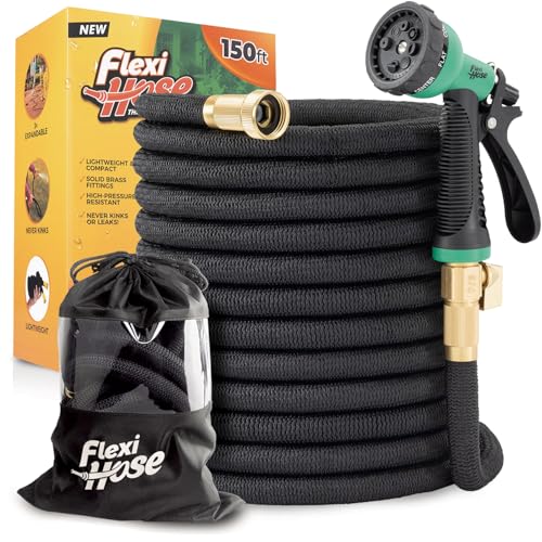 Flexi Hose Plus Expandable Garden Hose with 8 Function Nozzle, 150FT - Lightweight Retractable Garden Hose, Water Hose - No-Kink Flexibility, 3/4 Inch Solid Brass Fittings Includes Hook & Bag - Image 1