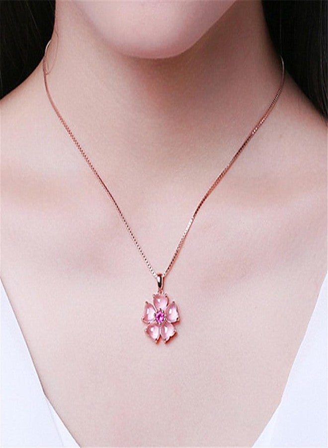 OIDIMS Pink Flower Pendant Necklace for Women CZ Crystal Floral Cherry Blossoms Dainty Choker Necklaces Gemstome Pink Love Heart Beautiful Artificial Stone Wedding Best Gift for Friends Lover Valentine's Day - Image 2