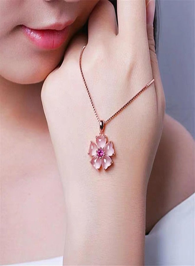 OIDIMS Pink Flower Pendant Necklace for Women CZ Crystal Floral Cherry Blossoms Dainty Choker Necklaces Gemstome Pink Love Heart Beautiful Artificial Stone Wedding Best Gift for Friends Lover Valentine's Day - Image 3