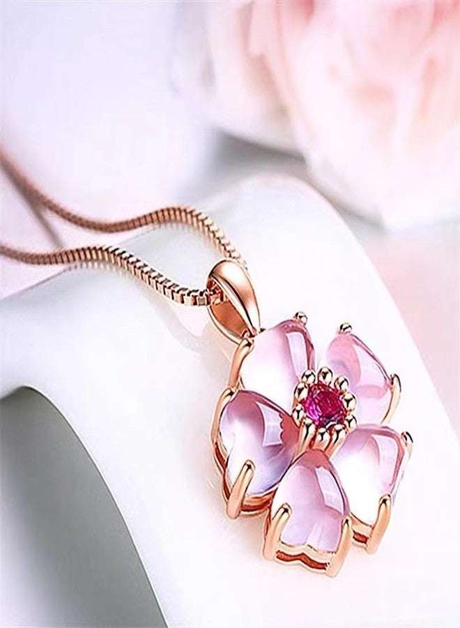 OIDIMS Pink Flower Pendant Necklace for Women CZ Crystal Floral Cherry Blossoms Dainty Choker Necklaces Gemstome Pink Love Heart Beautiful Artificial Stone Wedding Best Gift for Friends Lover Valentine's Day - Image 4