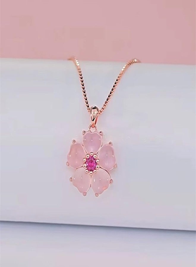 OIDIMS Pink Flower Pendant Necklace for Women CZ Crystal Floral Cherry Blossoms Dainty Choker Necklaces Gemstome Pink Love Heart Beautiful Artificial Stone Wedding Best Gift for Friends Lover Valentine's Day - Image 5