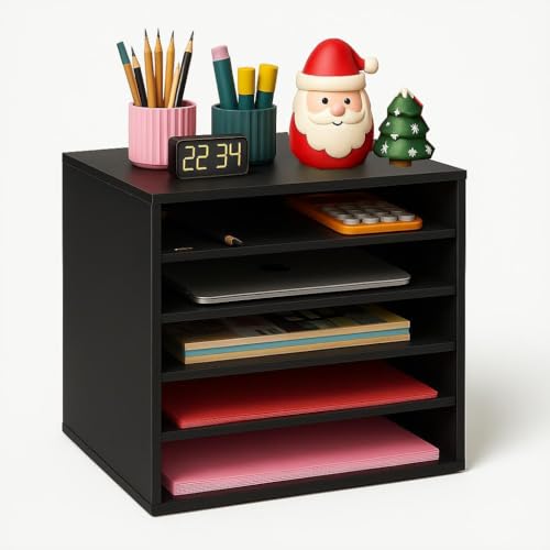 EMERIT 4Tier Adjustable Paper Organizer Large Capacity Book Shelf for TextbooksMagazinesOffice Files Wooden Dividers 7 lbs per Shelf Black - Image 1