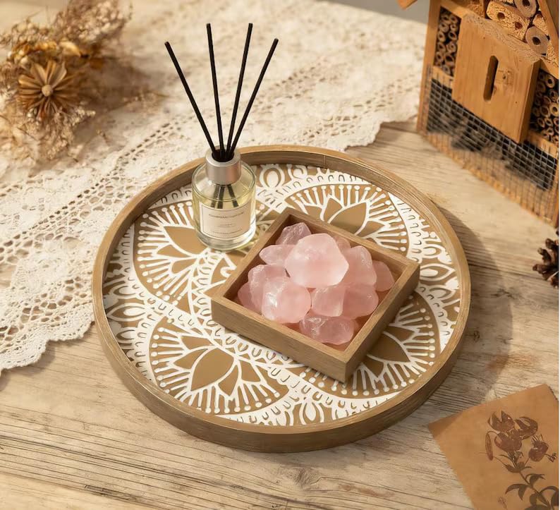 Hanobe Round Decorative Tray for Table: Boho Coffee Table Trays for Home Decor - Mid Century Farmhouse Circle Wood Serving Rustic Bohemian for Kitchen Counter Women - Image 5