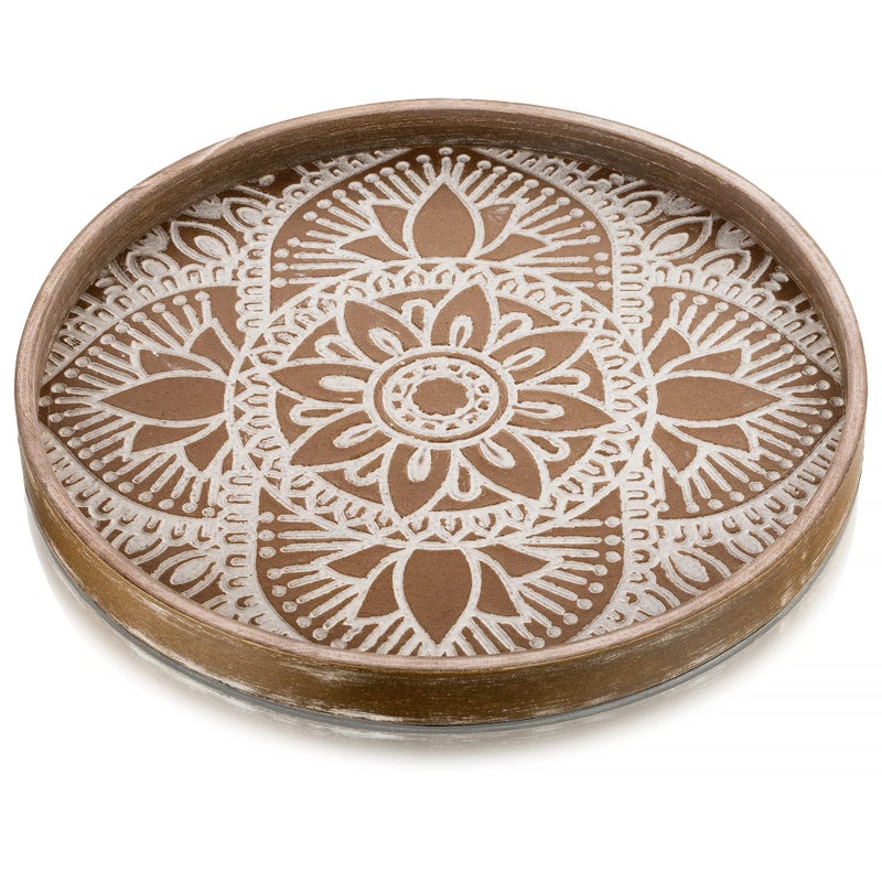 Hanobe Round Decorative Tray for Table: Boho Coffee Table Trays for Home Decor - Mid Century Farmhouse Circle Wood Serving Rustic Bohemian for Kitchen Counter Women - Image 1