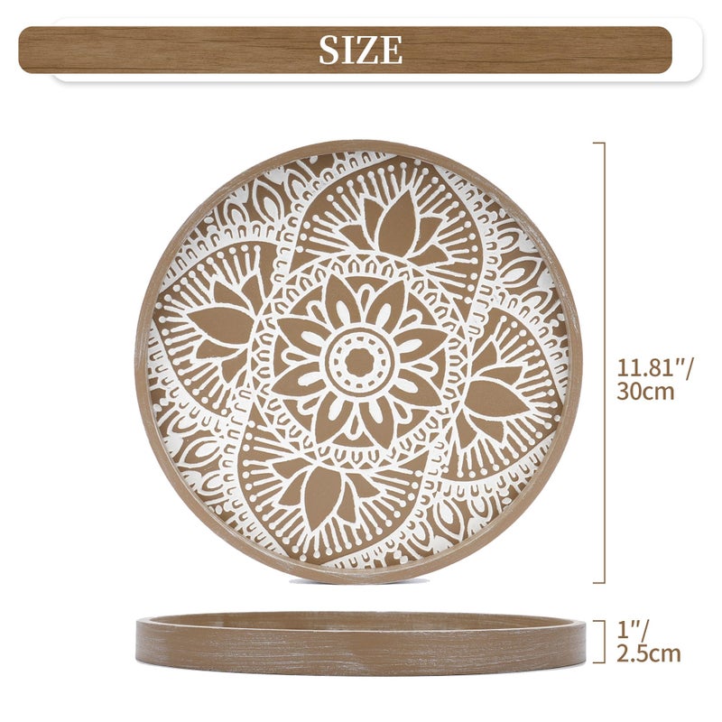 Hanobe Round Decorative Tray for Table: Boho Coffee Table Trays for Home Decor - Mid Century Farmhouse Circle Wood Serving Rustic Bohemian for Kitchen Counter Women - Image 4