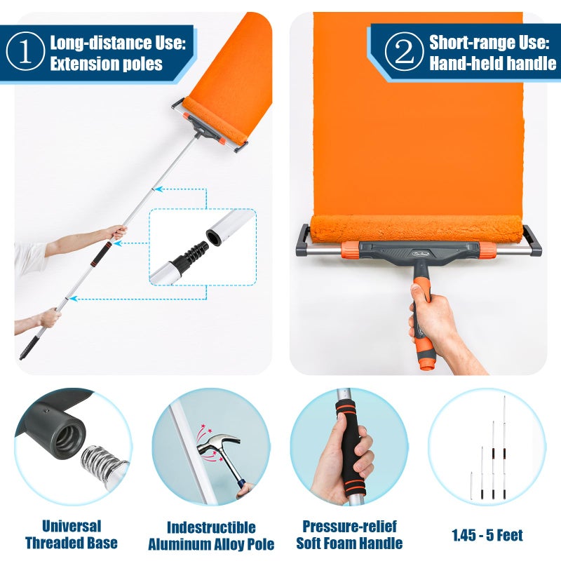 PinStone 10pcs 12"-18" Adjustable Large Paint Roller Kit: 1-5Ft Aluminum Extension Poles, Brush & Roller Cleaner, Ergonomic Handle, 18" Nylon Covers for Walls,Ceiling,Floors,Interior,Exterior Painting - Image 5