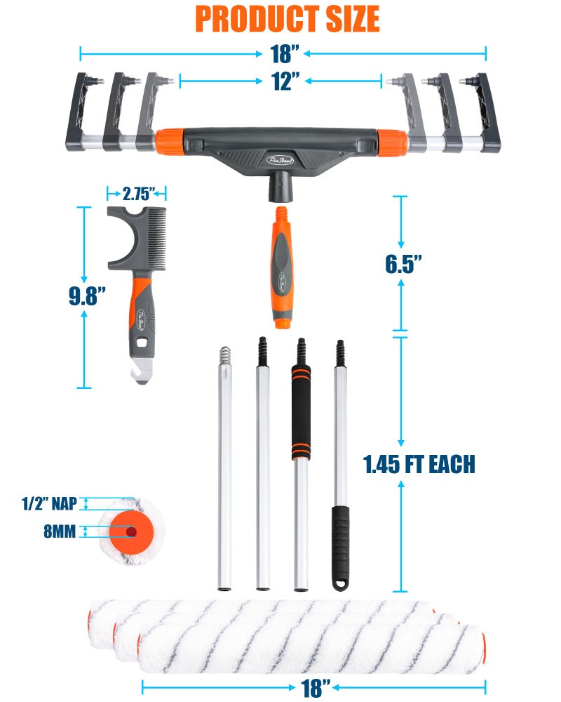 PinStone 10pcs 12"-18" Adjustable Large Paint Roller Kit: 1-5Ft Aluminum Extension Poles, Brush & Roller Cleaner, Ergonomic Handle, 18" Nylon Covers for Walls,Ceiling,Floors,Interior,Exterior Painting - Image 2