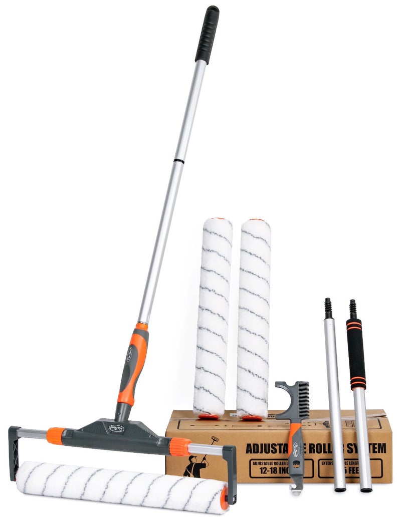 PinStone 10pcs 12"-18" Adjustable Large Paint Roller Kit: 1-5Ft Aluminum Extension Poles, Brush & Roller Cleaner, Ergonomic Handle, 18" Nylon Covers for Walls,Ceiling,Floors,Interior,Exterior Painting - Image 1