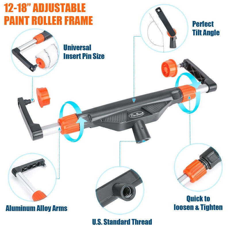 PinStone 10pcs 12"-18" Adjustable Large Paint Roller Kit: 1-5Ft Aluminum Extension Poles, Brush & Roller Cleaner, Ergonomic Handle, 18" Nylon Covers for Walls,Ceiling,Floors,Interior,Exterior Painting - Image 3