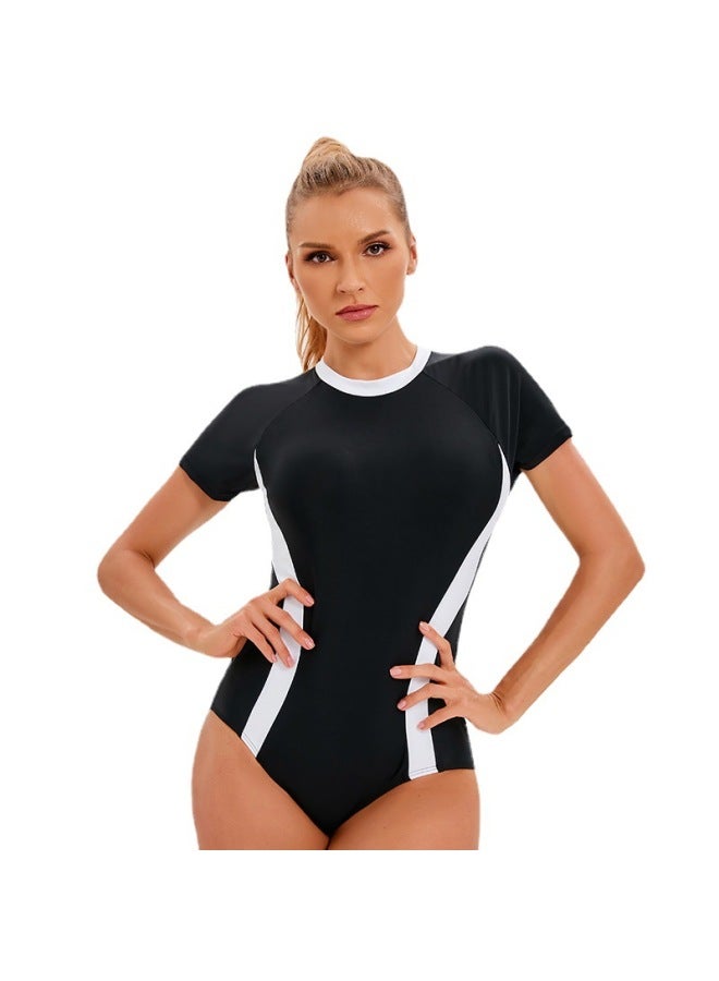 Short-sleeved Surfing Suit Conservative Sports One-piece Swimsuit Women's European And American Color Matching Sun Protection Swimsuit-Color:Black- - Image 2
