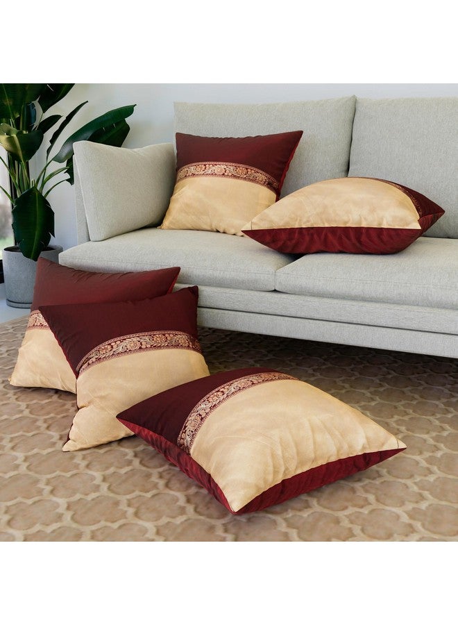 Kuber Industries Cushion Cover | Pillow Covers for Sofa | Throw Cushion Cover | Dupion Polyester Cushion Covers | Center Lace Cushion Covers | Set of 5 | 16 Inch | Maroon - Image 1
