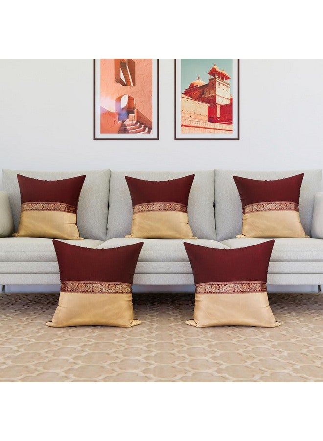 Kuber Industries Cushion Cover | Pillow Covers for Sofa | Throw Cushion Cover | Dupion Polyester Cushion Covers | Center Lace Cushion Covers | Set of 5 | 16 Inch | Maroon - Image 4