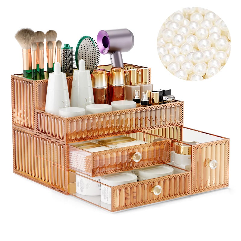 Youdepot Makeup Organizer Golden- Tempered Glass Vanity Organizer for Cosmetics, Skincare, Hair Tools, Brushes, Perfume - Multipurpose Bathroom Counter Skincare Organizer - Image 1