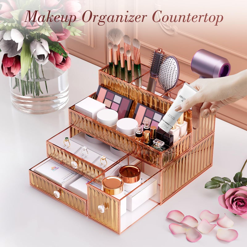 Youdepot Makeup Organizer Golden- Tempered Glass Vanity Organizer for Cosmetics, Skincare, Hair Tools, Brushes, Perfume - Multipurpose Bathroom Counter Skincare Organizer - Image 4