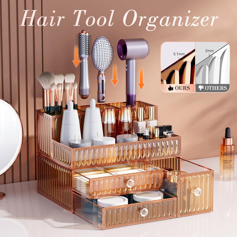Youdepot Makeup Organizer Golden- Tempered Glass Vanity Organizer for Cosmetics, Skincare, Hair Tools, Brushes, Perfume - Multipurpose Bathroom Counter Skincare Organizer - Image 2