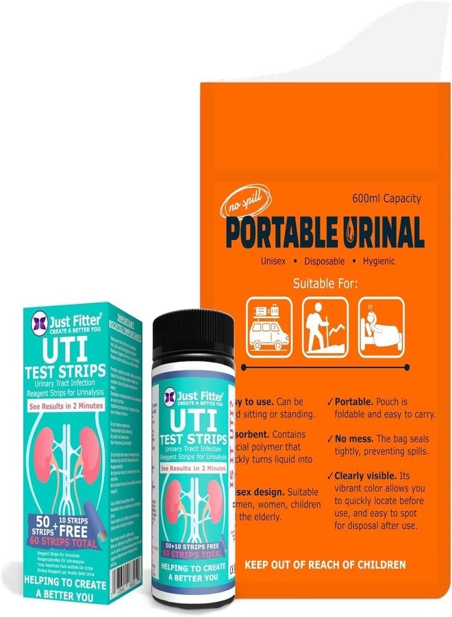 Just Fitter UTI Kit – UTI Test Strips with Emergency Urination Support Bags, 60 Urinary Tract Infection Test Strips with 6 Portable Disposable Urine Bags, Home Urinalysis Test for Leukocytes & Nitrites - Image 1