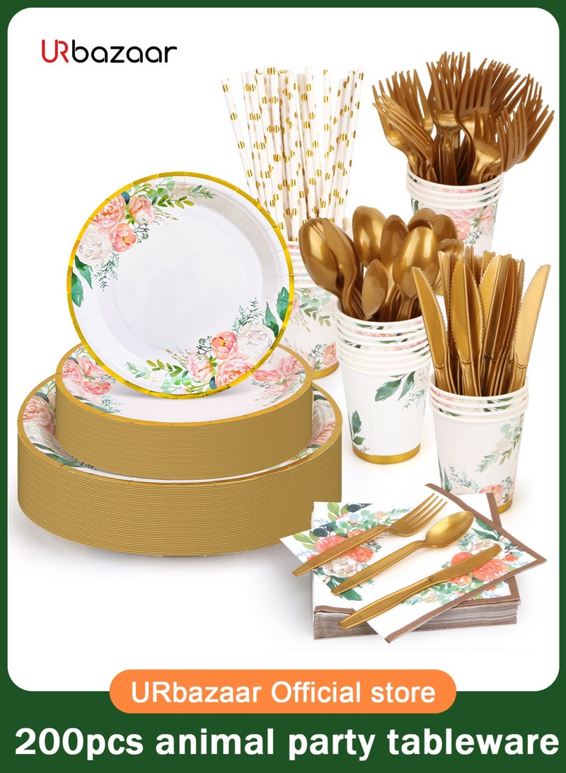 URbazaar 200PCS Floral Plates and Napkins Party Supplies,Vintage Floral Paper Plates Set With Gold Rim Serve 25 Guests,Floral Disposable Plates Tea Party supplies for Adults Bridal Shower Decorations  - Image 1