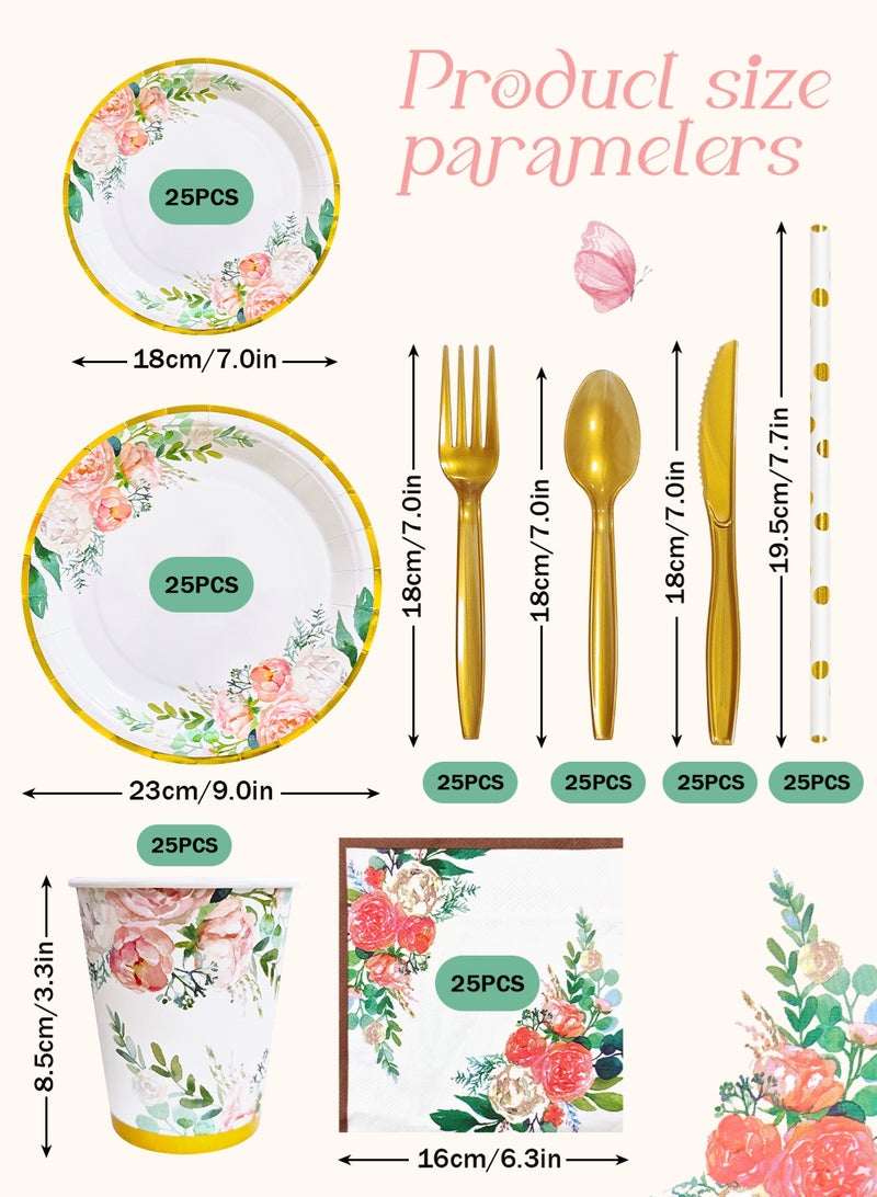 URbazaar 200PCS Floral Plates and Napkins Party Supplies,Vintage Floral Paper Plates Set With Gold Rim Serve 25 Guests,Floral Disposable Plates Tea Party supplies for Adults Bridal Shower Decorations  - Image 2